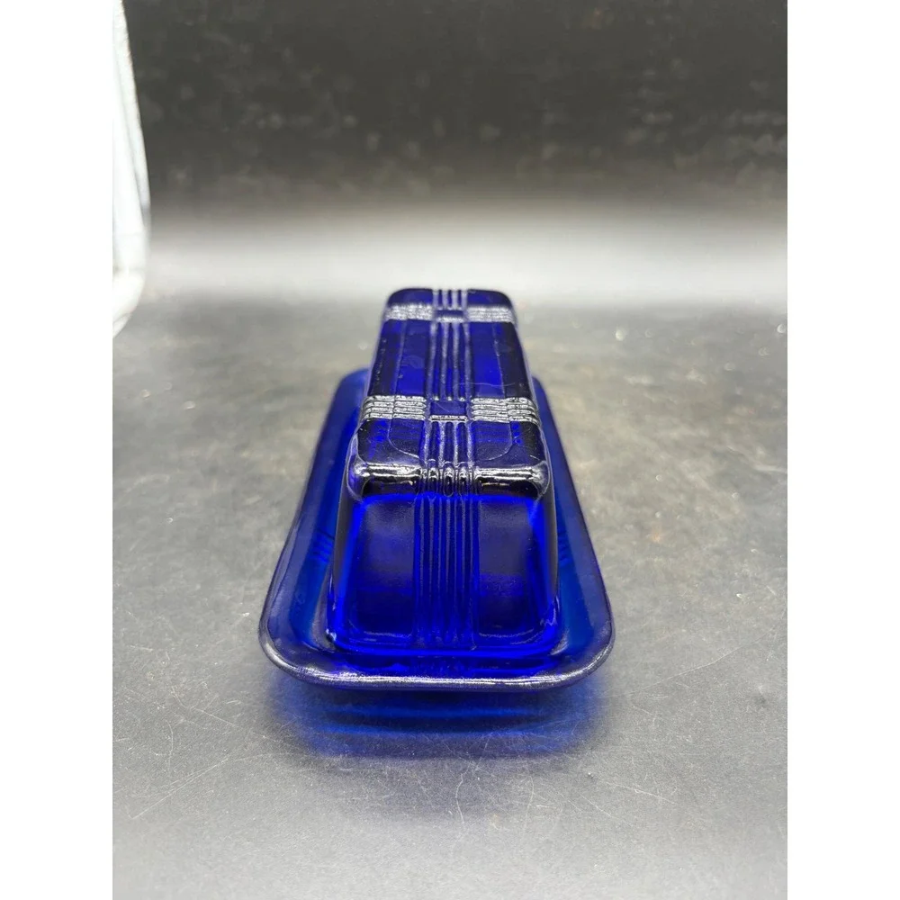 Hazel Atlas Cobalt Blue Glass Butter Dish Moderntone Art Deco Vintage 2 Piece